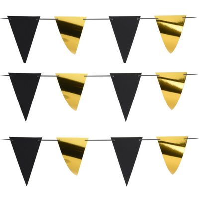 Party Vlaggenlijn - 3x - binnen/buiten - plastic - metallic zwart/goud - 6 m - 25 vlaggetjes