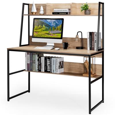 Bureau met Plank Computertafel van Hout met Metalen Frame en Verstelbare Voetpads Werktafel met Open Boekenkast (Natuur)