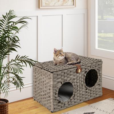 Kattenhuis van PE-rattan Opvouwbaar Kattenbed met Afneembare Kussen en Afsluitbaar Deksel 60 x 35 x 35 cm