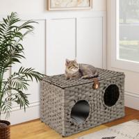 Kattenhuis van PE-rattan Opvouwbaar Kattenbed met Afneembare Kussen en Afsluitbaar Deksel 60 x 35 x 35 cm