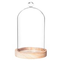 Home decoratie glazen stolp op houten plateau - glas/lichtbruin - D12 x H19 cm