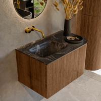 Mondiaz KURVE-DLUX 75 cm Onderkast Greeploos 1 Lade Met Deuren Walnut, Wastafel Solid Surface Links Lava 0 Kraangaten Zonder Spiegel (KRVGRU75R1L1D0KL-Wal/Lav)