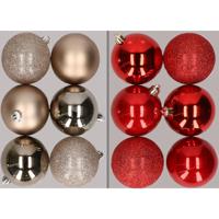 12x stuks kunststof kerstballen mix van champagne en rood 8 cm - Kerstbal - thumbnail