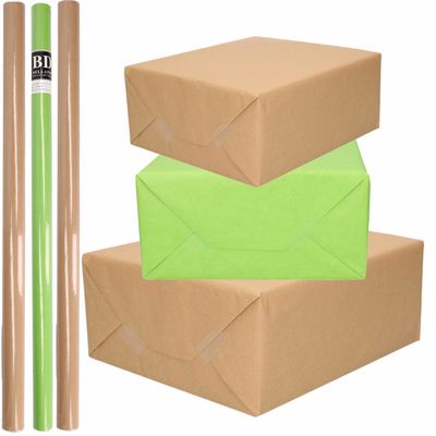 6x Rollen kraft inpakpapier/kaftpapier pakket bruin/groen 200 x 70 cm