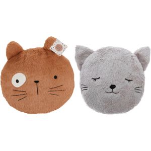 Dieren sierkussen set kinderkamer - kat/poes grijs en oranje - 27/32 cm - polyester