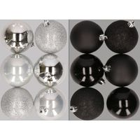 12x stuks kunststof kerstballen mix van zilver en zwart 8 cm