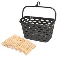 Wasknijpersmandje met haak - zwart - en 100x houten wasknijpers 7 cm