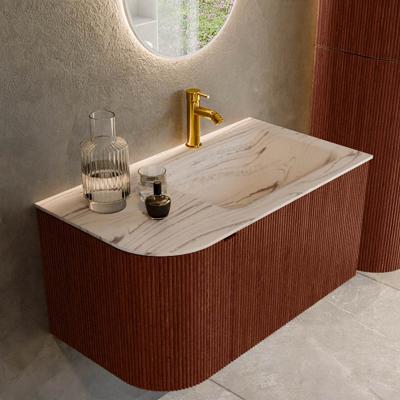 Badmeubel Mondiaz Kurve-Dlux | 85 cm | Meubelkleur Ruby | Wastafelkleur Nata | Solid surface | Wasbak rechter zijde spoelbak | 1 kraangat