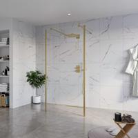Fortifura Galeria Vrijstaande Inloopdouche - 100x200cm - Helder - antikalk - 8mm veiligheidsglas - 2 zijwanden 30cm - wandsteunen en hoekprofielen - Geborsteld Messing PVD (Goud) SW927770 2x/SW797915/SW797909 2x/SW798731 2x