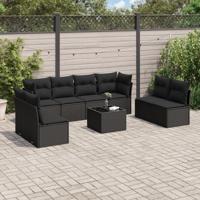 9-delige Loungeset met kussens poly rattan zwart