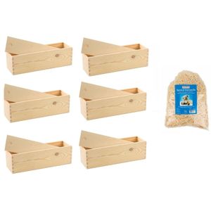 6x Houten wijnkist/verpakking met schuifdeksel/150 gram houtwol