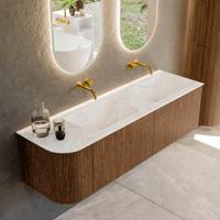 Mondiaz KURVE-DLUX 155 cm Onderkast Greeploos 2 Lades Met Deuren Walnut, Wastafel Solid Surface Rechts Ostra 0 Kraangaten Zonder Spiegel (KRVLEA155L2L1D0KD-Wal/Ost)