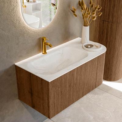 Mondiaz KURVE-DLUX 95 cm Onderkast Greeploos 1 Lade Met Deuren Walnut, Wastafel Solid Surface Links Ostra 1 Kraangat Zonder Spiegel (KRVBGS95R1L1D1KL-Wal/Ost)