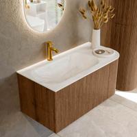 Mondiaz KURVE-DLUX 95 cm Onderkast Greeploos 1 Lade Met Deuren Walnut, Wastafel Solid Surface Links Ostra 1 Kraangat Zonder Spiegel (KRVBGS95R1L1D1KL-Wal/Ost)