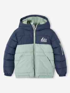 Tweekleurig jongensjack met kap en gerecyclede polyester vulling saliegroen