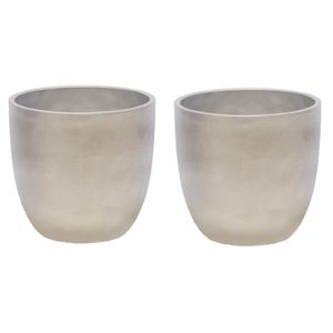 Plantenpot/bloempot - 2x - keramiek - zilver - bladmotief - D14 x H13 cm