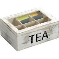 Houten witte theedoos/theekist met 6 vakken Tea 16 x 21,7 x 9 cm