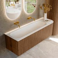 Mondiaz KURVE 145 cm Onderkast Greeploos 1 Lade Met Deuren Walnut, Wastafel Solid Surface Links Talc 0 Kraangaten Zonder Spiegel (KRVBGL145R1L1D0KL-Wal/Tal)