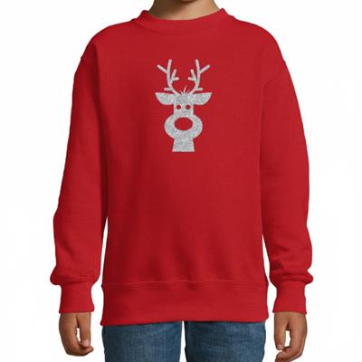 Kerstsweater voor kinderen - rood - met zilveren rendier - glitter bedrukking Kerstsweater voor kinderen - rood - met zilveren rendier - glitter bedrukking