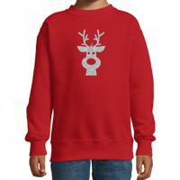 Kerstsweater voor kinderen - rood - met zilveren rendier - glitter bedrukking
