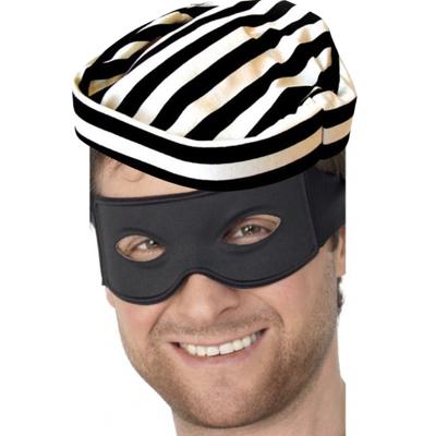 Carnaval verkleed Boeven muts en oogmasker - 2x stuks - zwart/wit - volwassenen - Gevangenen - boef