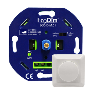 LED dimmer 0-300 Watt Fase aan- en afsnijding incl. afdekraampje en draaiknop ECO-DIM.01