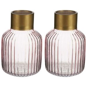 Bloemenvazen 2x stuks - luxe decoratie glas - roze/goud - 14 x 22 cm