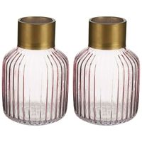 Bloemenvazen 2x stuks - luxe decoratie glas - roze/goud - 14 x 22 cm - thumbnail