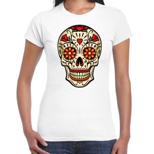 Sugar Skull t-shirt dames - wit - Day of the Dead - punk/rock/tattoo thema