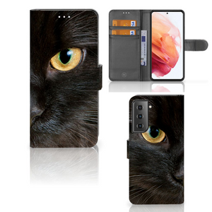 Samsung Galaxy S21 Telefoonhoesje met Pasjes Zwarte Kat