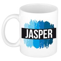 Jasper naam cadeau koffie mok - beker - met blauw verfstrepen - Cadeau collega - vaderdag