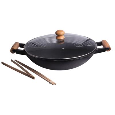 Wokpan set gietijzer/hout - 5-delig - zwart - 47 x 39 cm