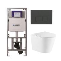 QeramiQ Dely Toiletset - 36.3x51.7cm - diepspoel - rimless - Geberit UP320 Burda inbouwreservoir - softclose toiletzitting - bedieningsplaat antraciet mat - rechthoekige knoppen - wit mat SW543432/0701131/SW1102377