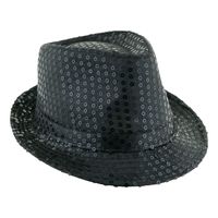 Funny Fashion Carnaval verkleed Trilby hoedje met glitter pailletten - zwart - heren/dames   -