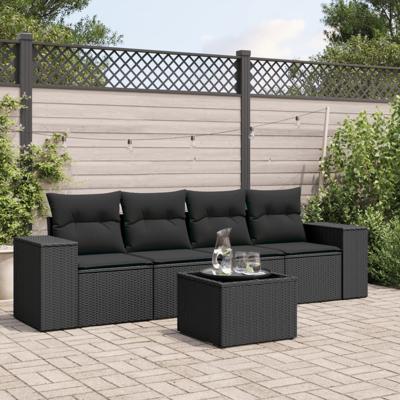 5-delige Loungeset met kussens poly rattan zwart