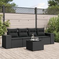 5-delige Loungeset met kussens poly rattan zwart