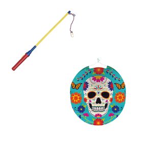 Ronde lampion 25 cm Day of the Dead sugarskull inclusief lampionstokje