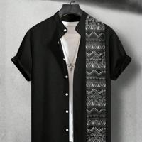 Bon&Bon Men's Geometric Tribal Print Short Sleeve Boho Shirt Black / M