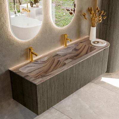 Badmeubel Mondiaz Kurve-Dlux | 145 cm | Meubelkleur Shadow | Wastafelkleur Sombra | Solid surface | Dubbel / Links spoelbak | 2 kraangaten