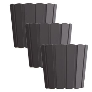 Set van 3x stuks wood-look plantenpot/bloempot kunststof dia 20 cm/hoogte 18 cm antraciet