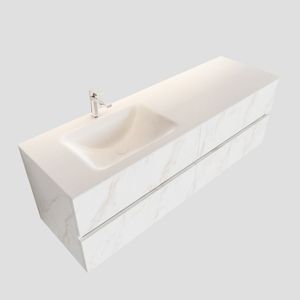 Badkamermeubel BWS Valencia Carrara Mat 150 cm Solid Surface Wastafel Rechthoekige Wasbak Links (1 kraangat, 4 lades)