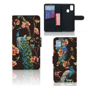 Samsung Galaxy M21 | M30s Telefoonhoesje met Pasjes Pauw met Bloemen