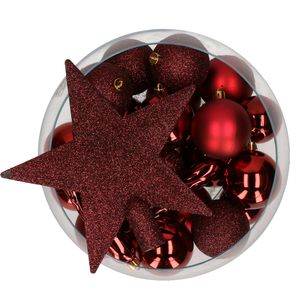 Decoris kerstballen pakket van 33 stuks met ster piek 5-6-8 cm kunststof donkerrood - Kerstbal