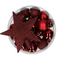 Decoris kerstballen pakket van 33 stuks met ster piek 5-6-8 cm kunststof donkerrood - Kerstbal - thumbnail