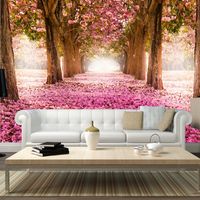 Zelfklevend fotobehang -  Roze pad van bloemen door een bos  , Premium Print - thumbnail