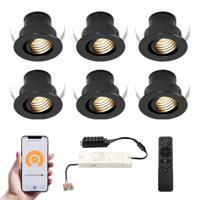 Set van 6 Medina Smart LED Mini Inbouwspots - Veranda spots - 12V 3W 150lm - Dimbaar - Kantelbaar - Wifi & Bluetooth - 2700K - IP44 - Zwart