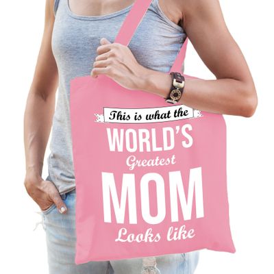 Moederdag cadeau tas - world's greatest mom - roze - katoen - 42 x 38 cm