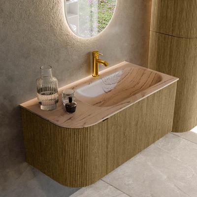 Badmeubel Mondiaz Kurve-Dlux | 95 cm | Meubelkleur Dusk | Wastafelkleur Arena | Solid surface | Wasbak rechter zijde spoelbak | 1 kraangat