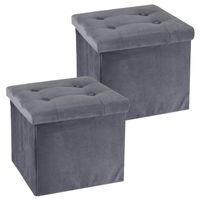 Poef/hocker/krukje - 2x - opbergbox - donkergrijs - fluweel polyester - 38 x 38 cm - opvouwbaar - thumbnail