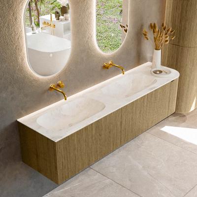 Badmeubel Mondiaz Kurve-Dlux | 175 cm cm | Meubelkleur Dusk | Wastafelkleur Frappe | Solid surface | Dubbel / Links spoelbak | Zonder kraangat(en)